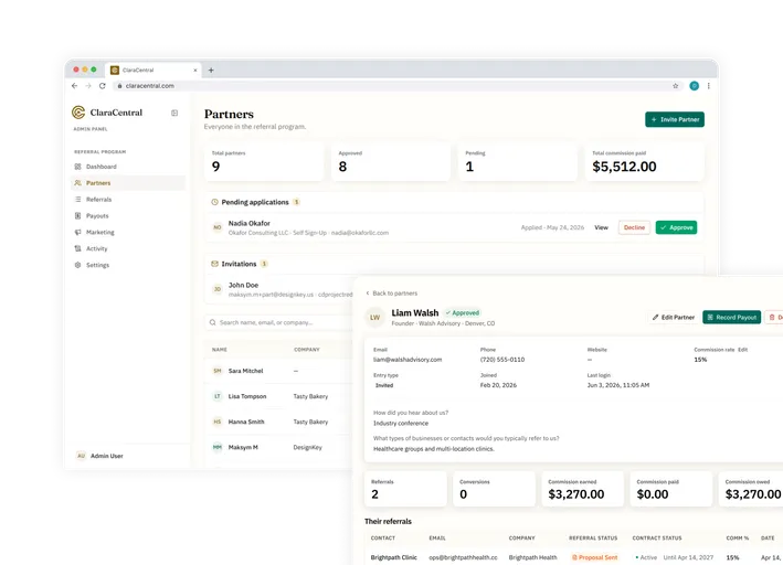 The admin Partners panel: partner and commission totals, a pending application waiting on Approve or Decline, and one partner’s detail view showing commission earned, paid and still owed.